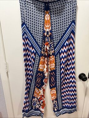 Printed Wide-Leg Pants in Navy, White & Orange